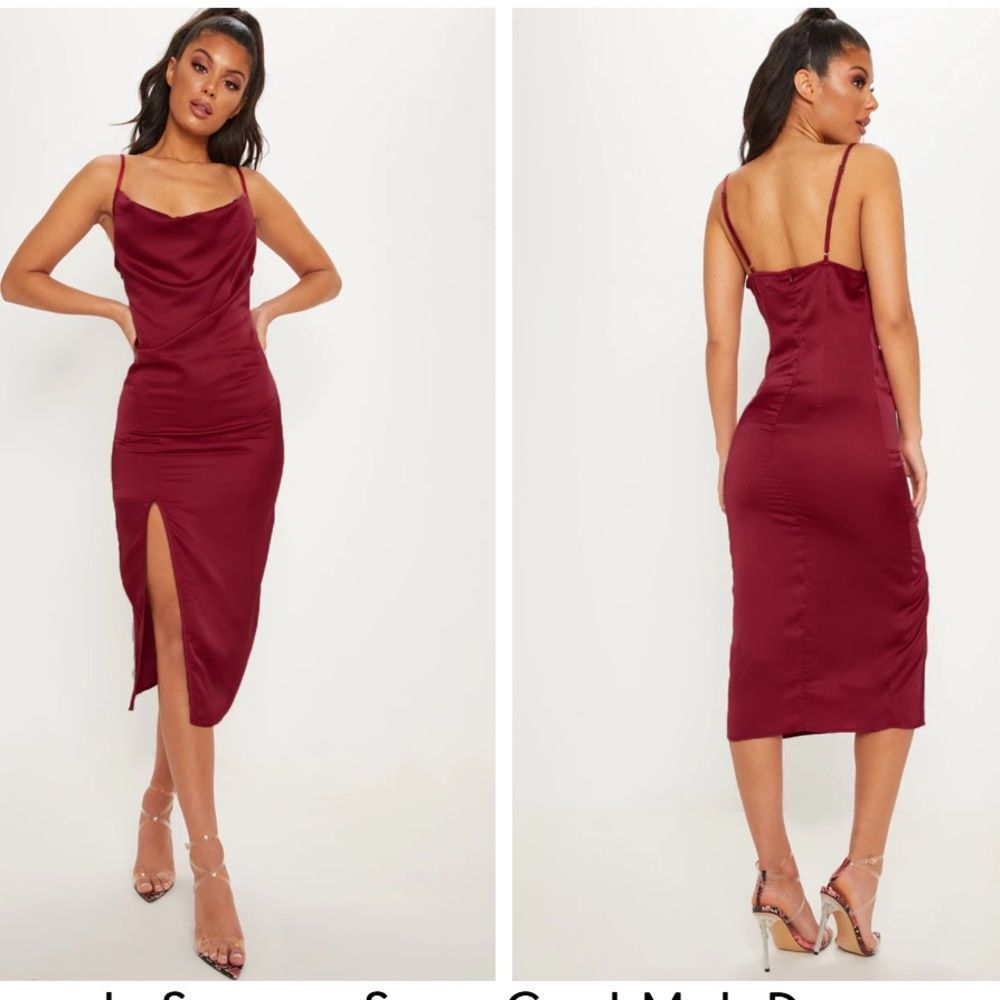 Pretty Little Thing Burgundy Strappy Satin Cowl Midi Dress W Slit  size 6 NEW